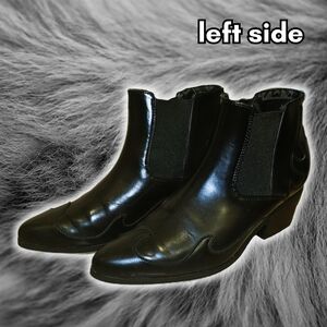 black vegan leather TUK chelsea ankle boots with flame detail, size 9W